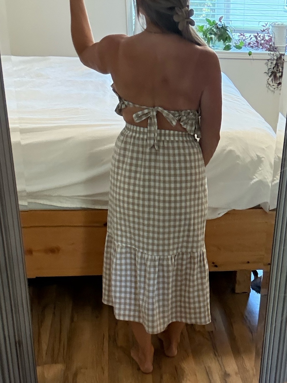 Lush Tan and White Gingham Strapless Ruffle Midi Dress - Picture 2 of 6